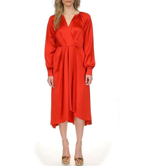 michael kors high-low faux wrap dress red|Michael Kors dresses.